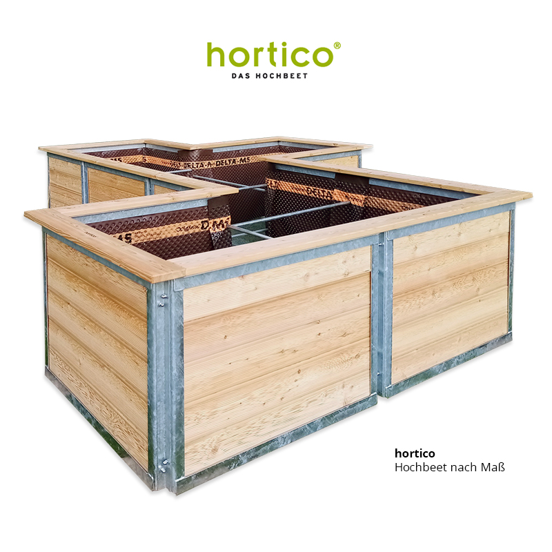 Ein Hochbeet aus der Kombination von L-Form und T-Form, hergestellt nach Kundenvorgabe. Die Hochbeete von hortico bestehen aus wenigen Grundelementen. Individuelle Hochbeete entstehen durch neue Kombinationen oder maßliche Anpassungen. hochbeet nach mass kaufen