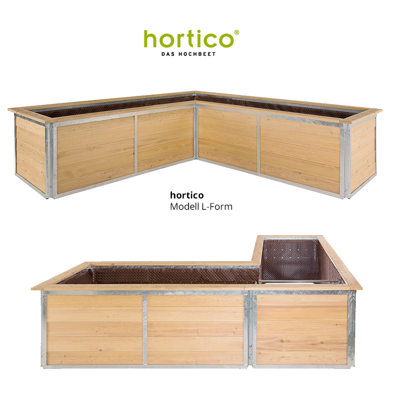 Die hochwertigen Hochbeete in Form gebracht. Durch den modularen Aufbau können fast alle Formen realisiert werden. Egal ob L-Form, U-Form, Z-Form oder T-Form, das Hochbeet nutzt den vorhandenen Platz im Garten und ist ein echter Hingucker. Hochbeete in Form gebracht, hier die L-Form von hortico