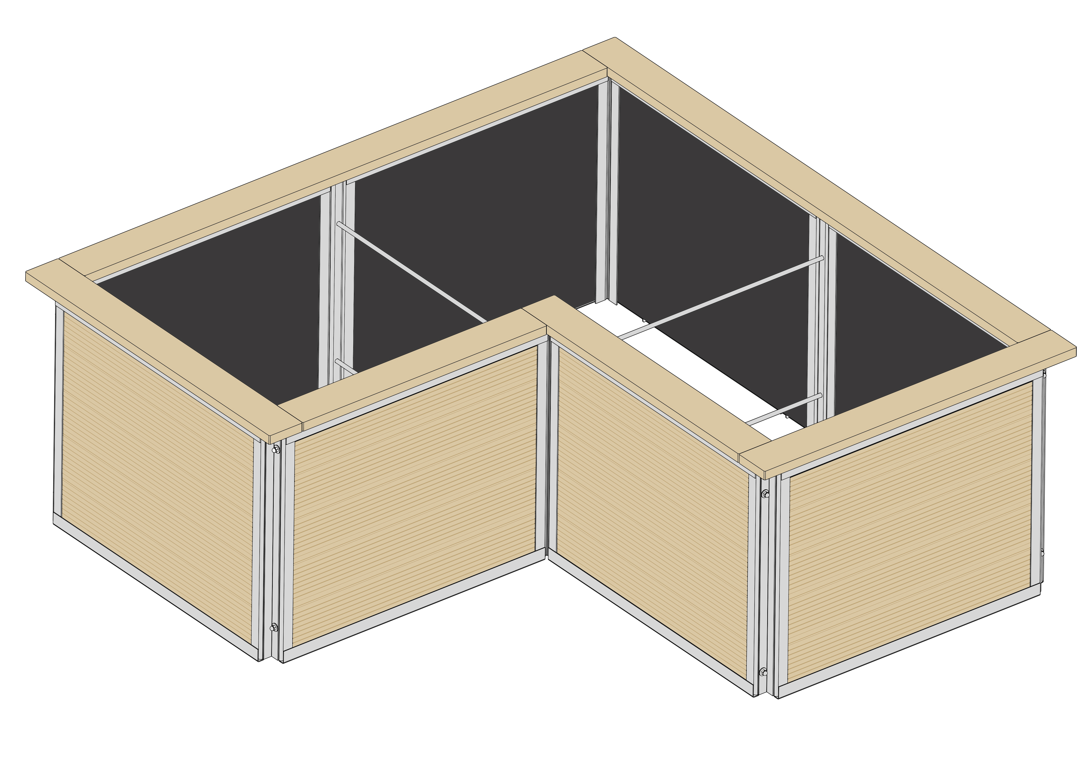 Hochbeet in L-Form, 196cm x 196cm, Isometrische Ansicht 2