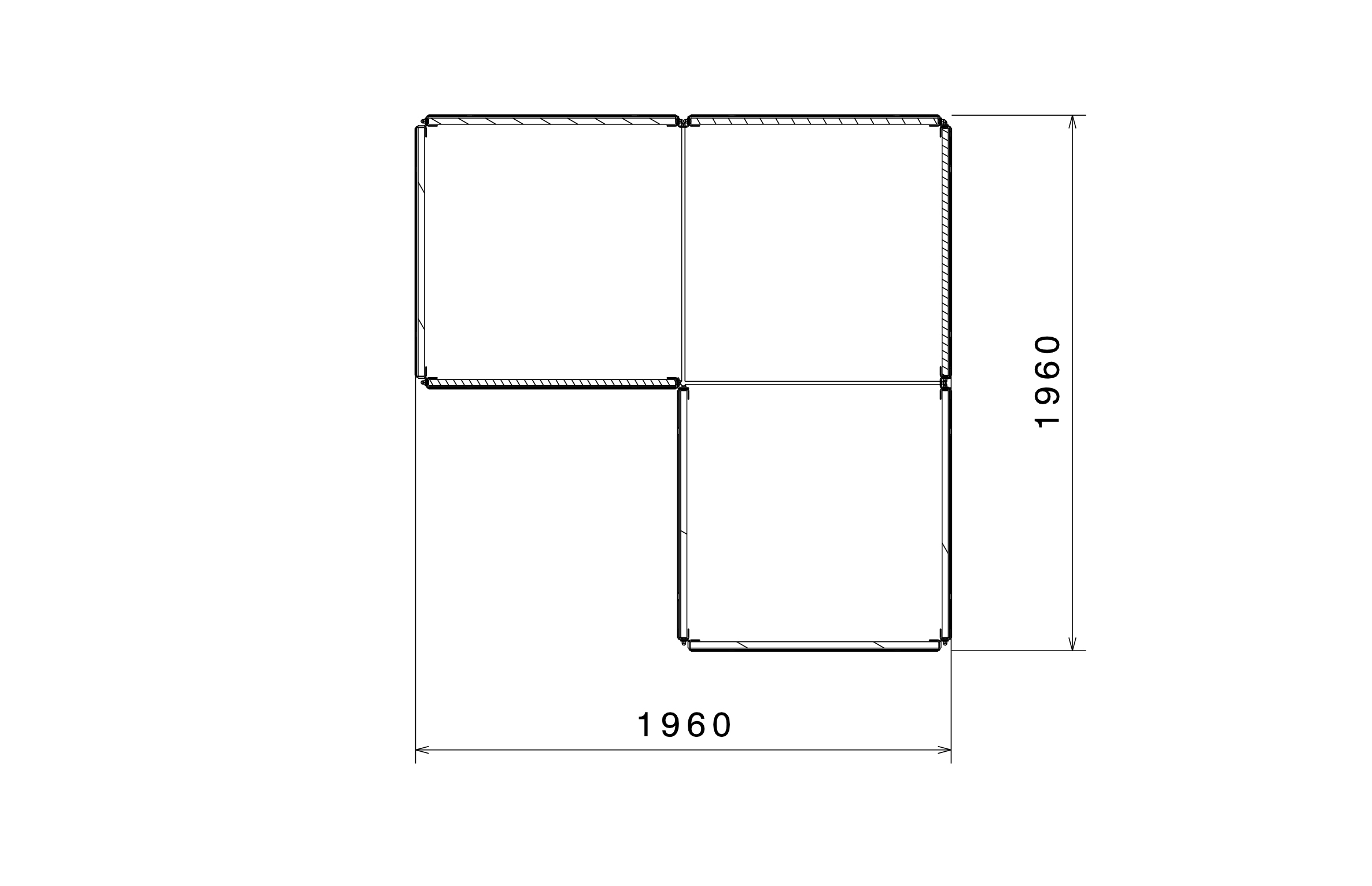 Hochbeet in L-Form, 196cm x 196cm, Draufsicht mit Länge und Breite