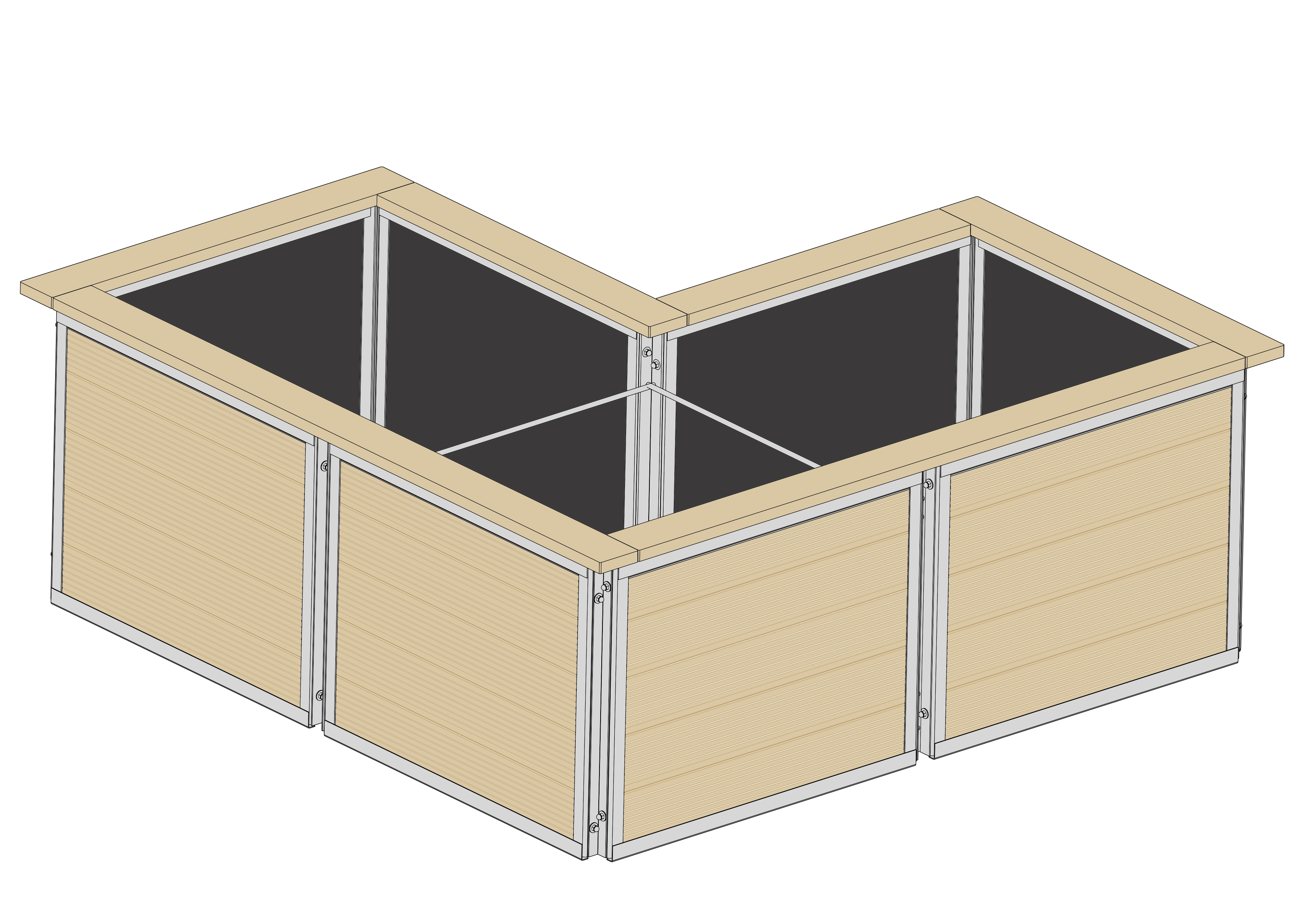 Hochbeet in L-Form, 196cm x 196cm, Isometrische Ansicht 1